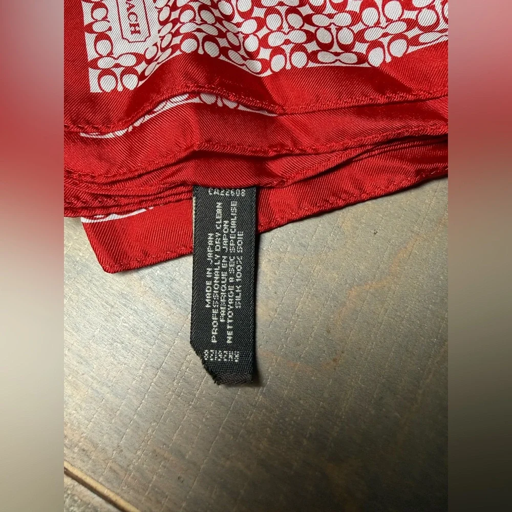 COACH Signature Print Silk Square Scarf in red. - Picture 6 of 7